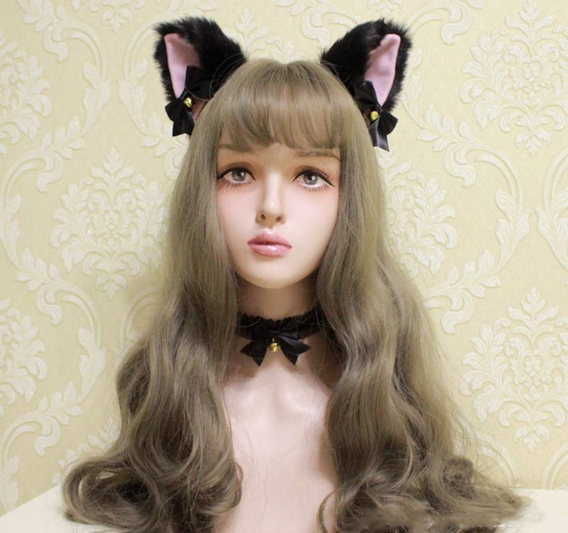 Fxaelian Animal Faux Fur Fox Cat Dog Ears Headband Halloween Cosplay Costume Party Headbands for Women Men Adult with Bell Black - Image 5